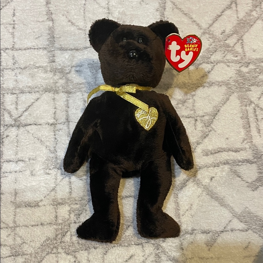 Ty Beanie Babies Dark Brown Bear with Gold Heart
